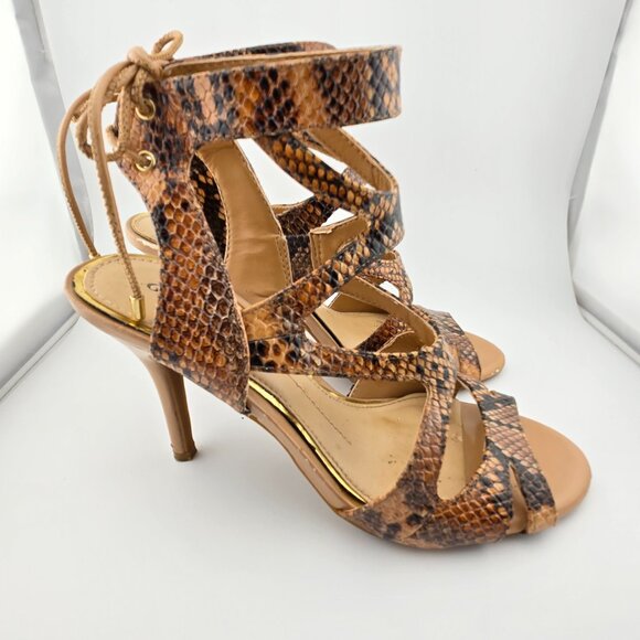Gianni Bini Snake Print Lace-Up Heels | Size 6.5M | Caged Sandals Leather Upper - Picture 2 of 9